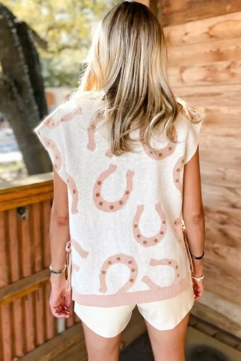 Horse Shoe Western Print Tied Side Cap Sleeve Knit Top Secondary image