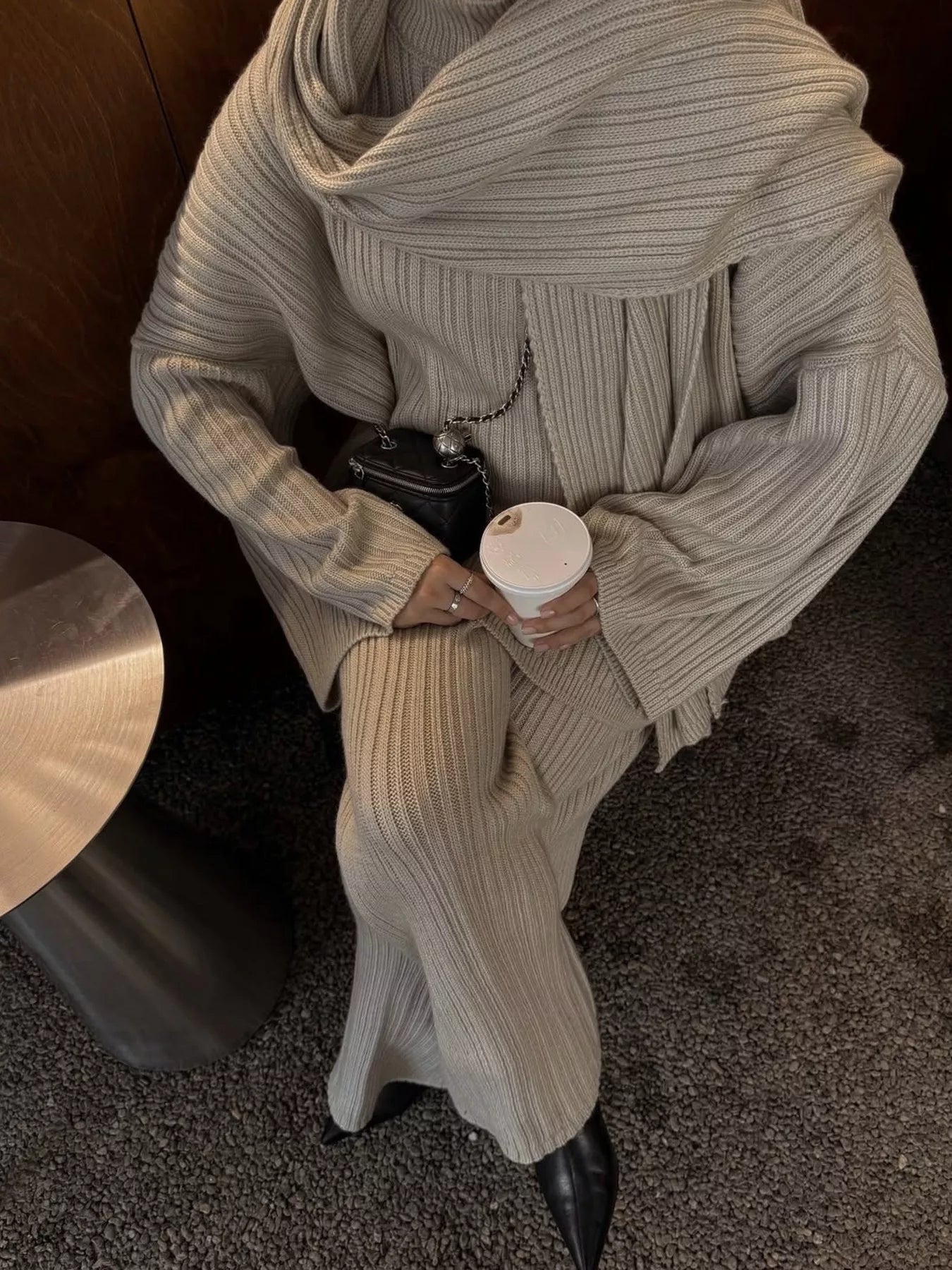 3-Piece Crew Neck Ribbed Sweater and Wide-Leg Pants Set with Scarf Secondary image
