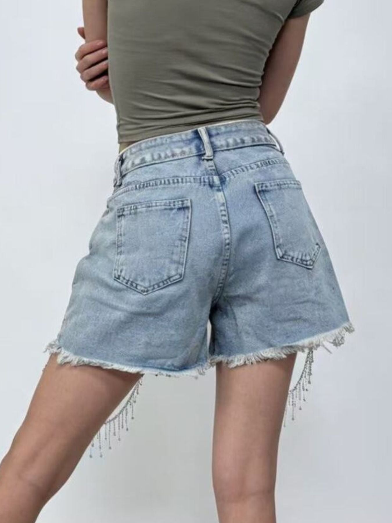 Rhinestone Chain Raw Hem Denim Shorts Secondary image