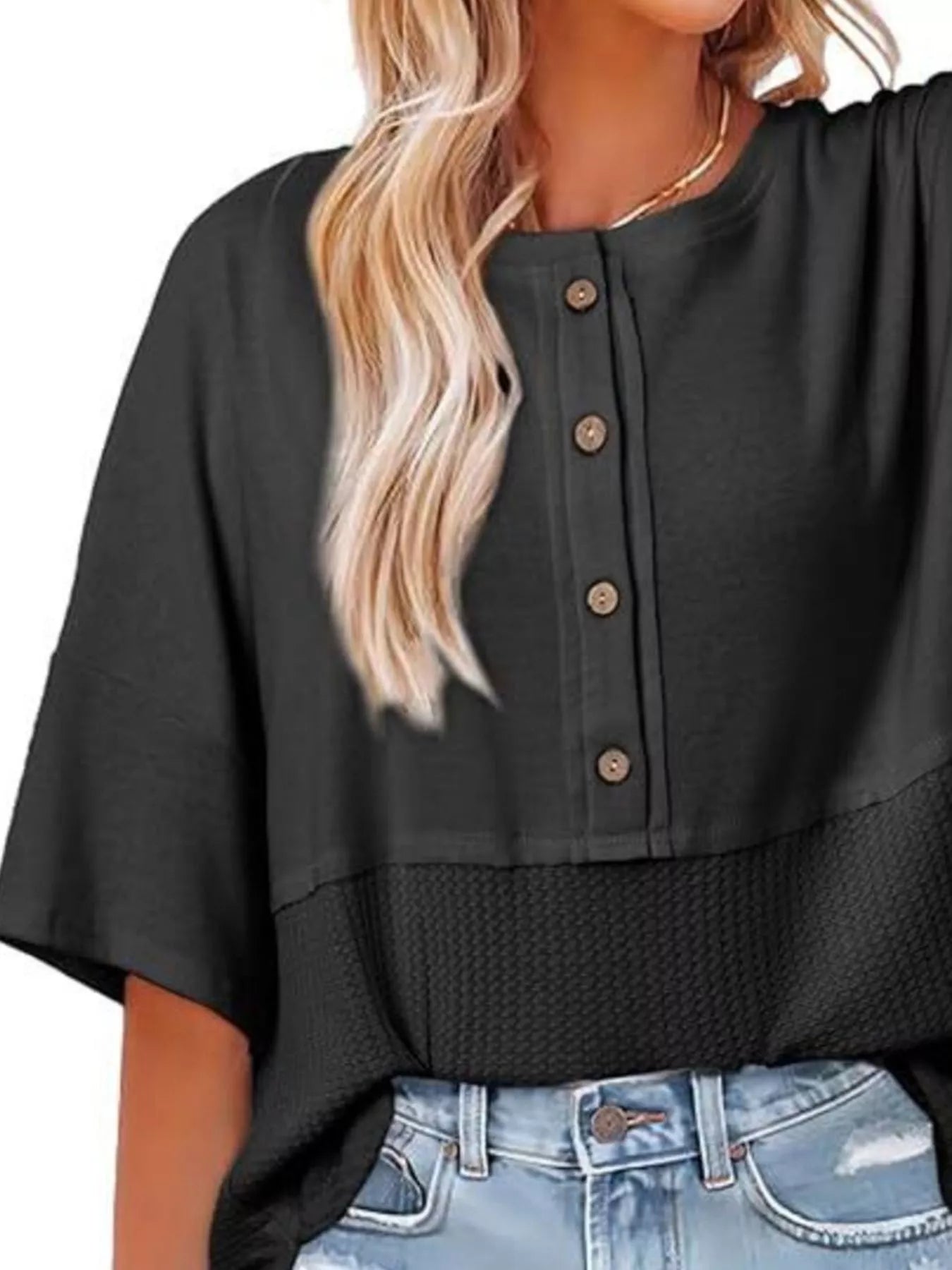 Button Detail Texture Knit T-Shirt Secondary image