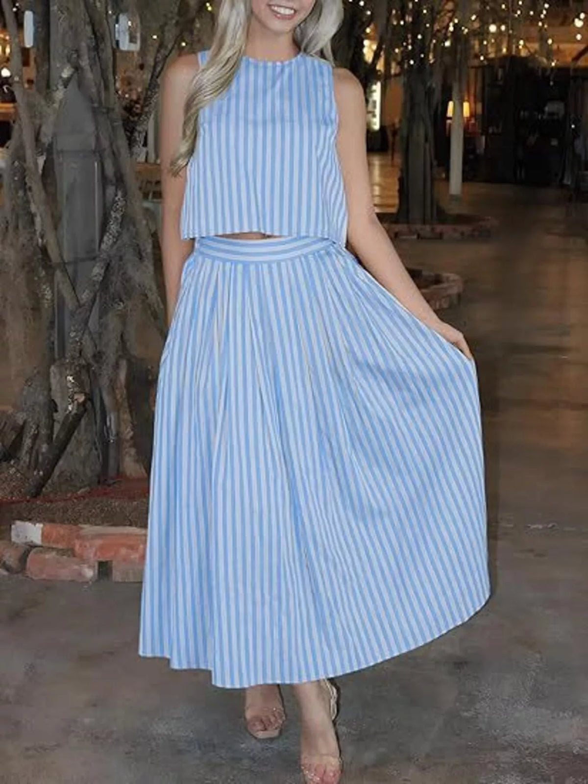 Striped Sleeveless Top and Midi Skirt Two-Piece Set - photo 11