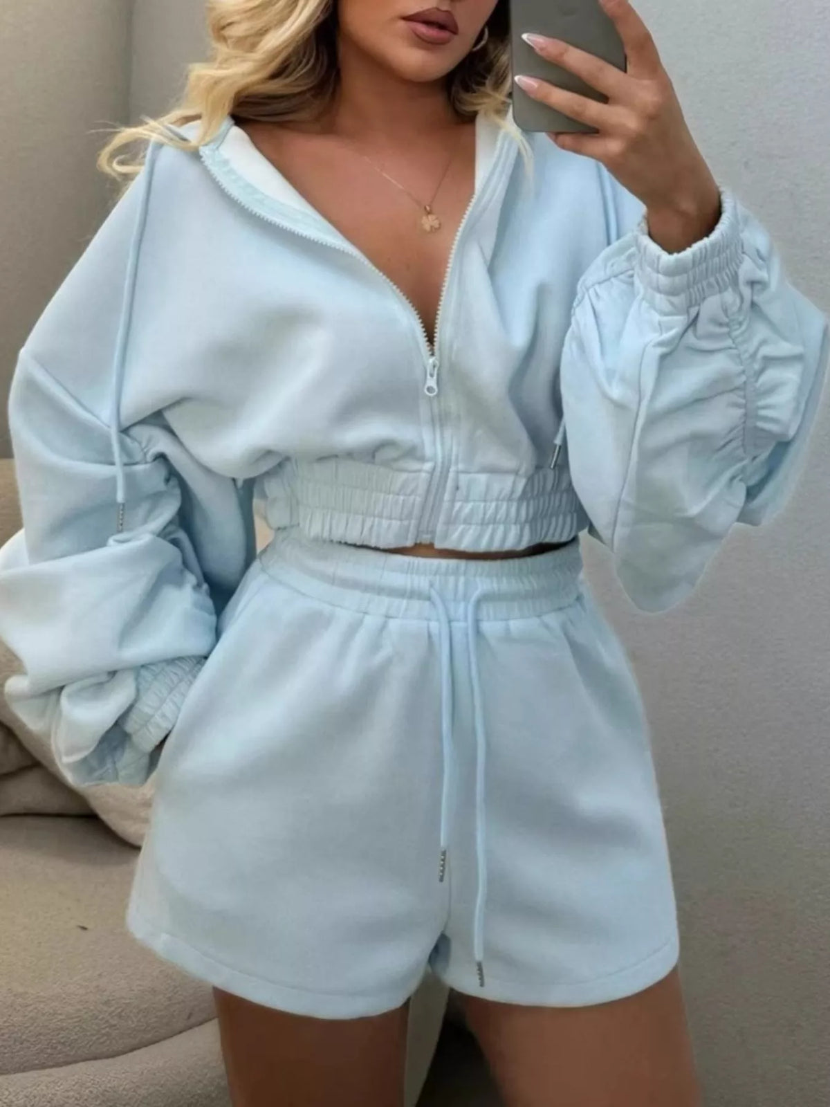 Zip-Up Jacket and High-Waisted Drawstring Shorts Set - photo 4