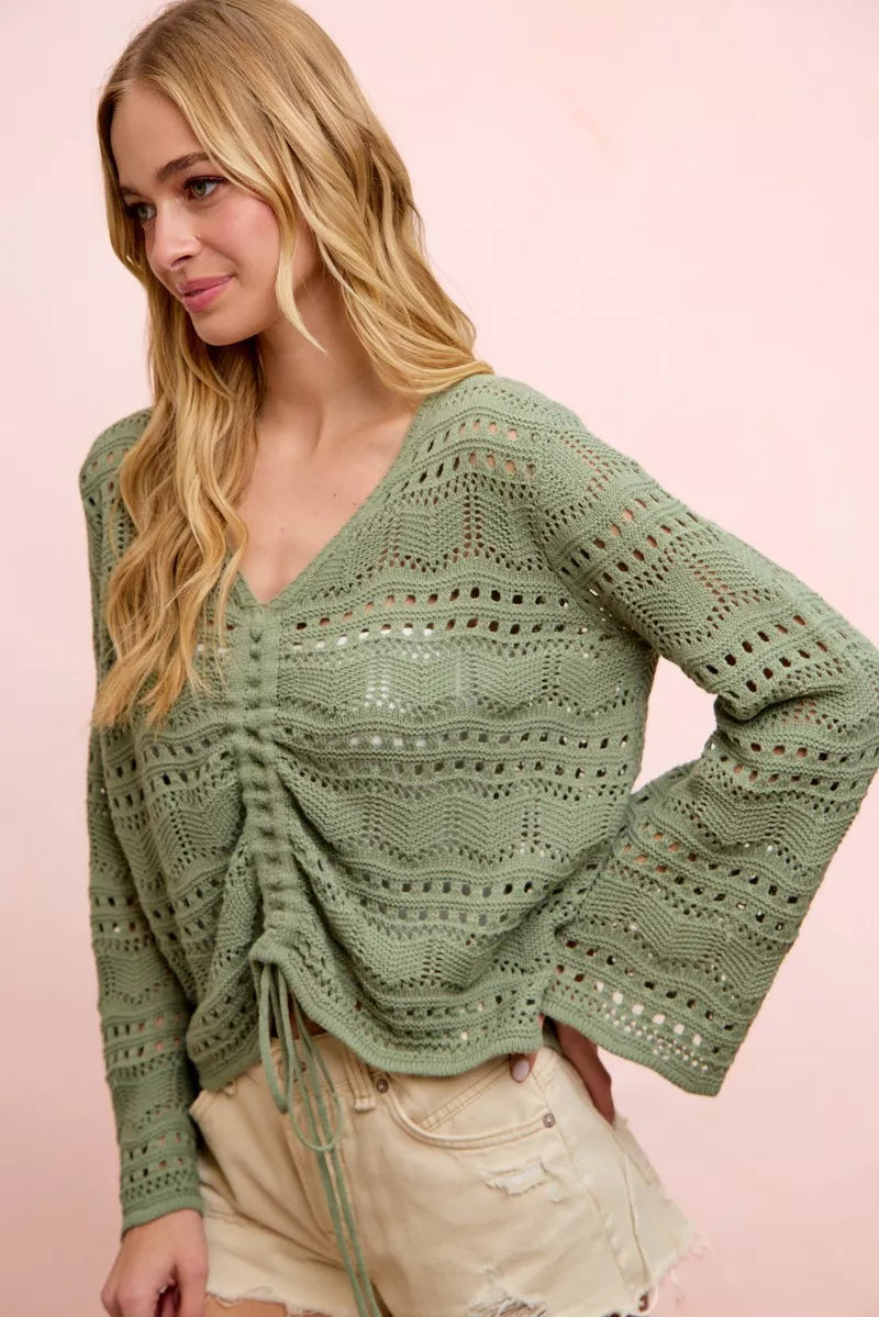 BiBi Pointelle Knit V Neck Ruched Front Lightweight Top Secondary image
