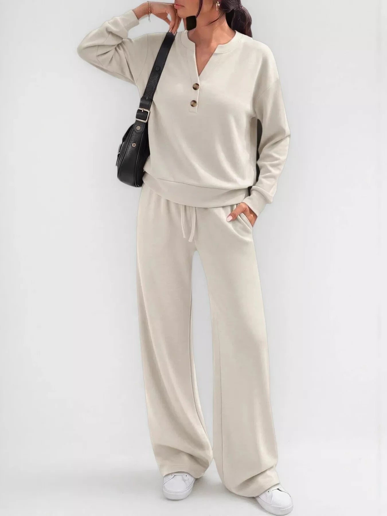 Button Detail Dropped Shoulder Top and Pants Set Secondary image
