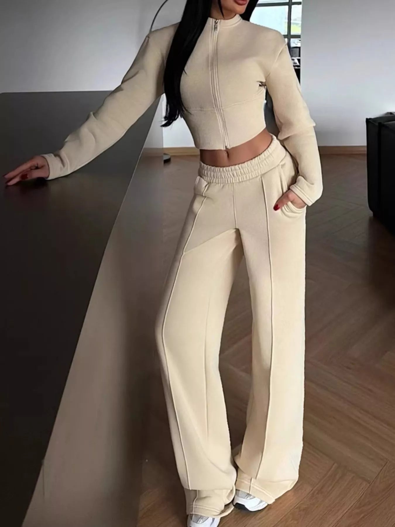 Zip-Up Crop Jacket and Wide-Leg Pants Set Secondary image