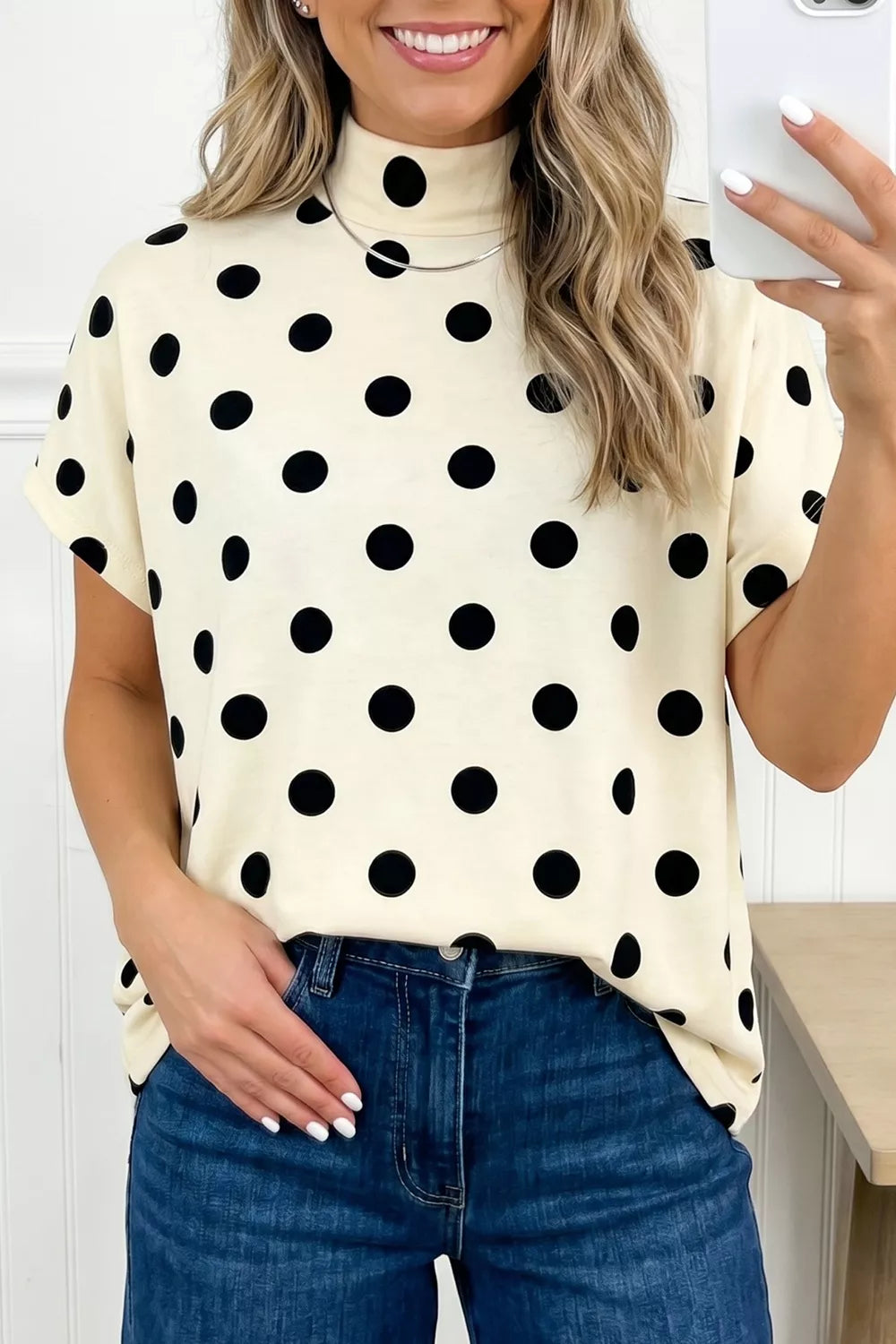 Polka Dot Print High Neck Dolman Top Secondary image
