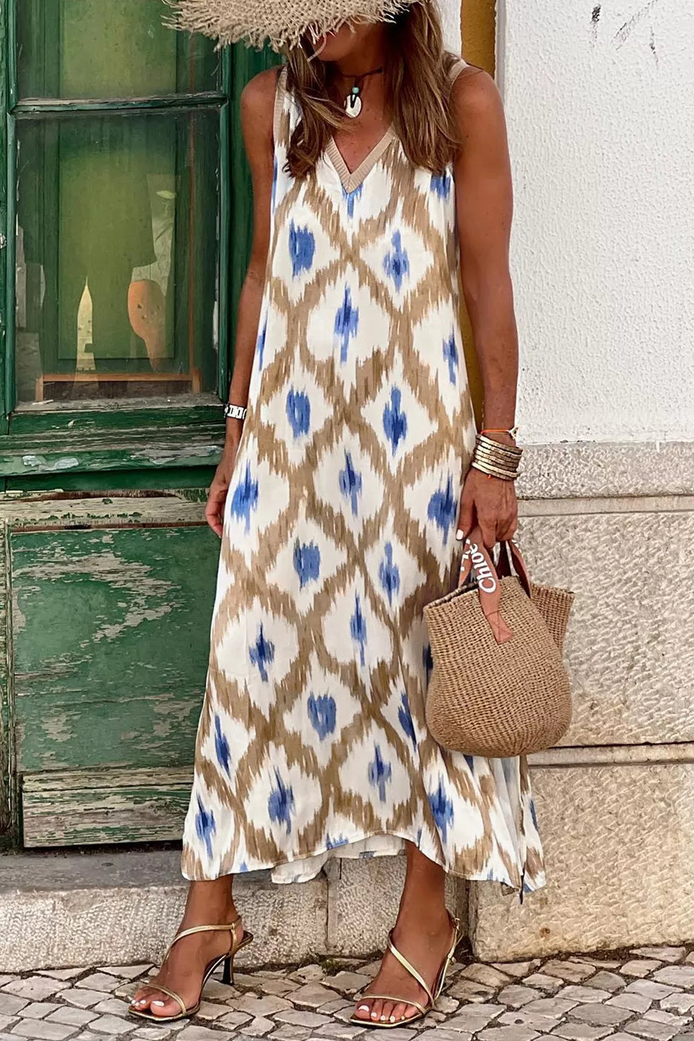 Abstract Print V Neck Sleeveless Midi Dress Secondary image