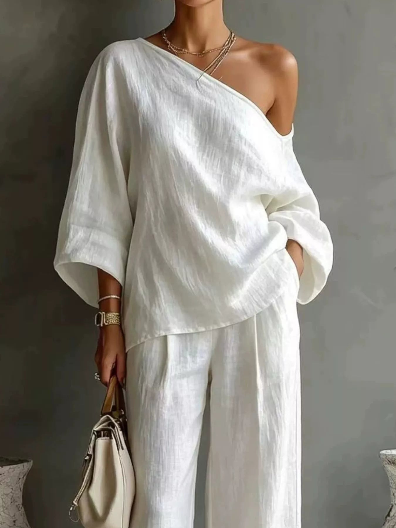One Shoulder Top and Wide Leg Pants Set Secondary image