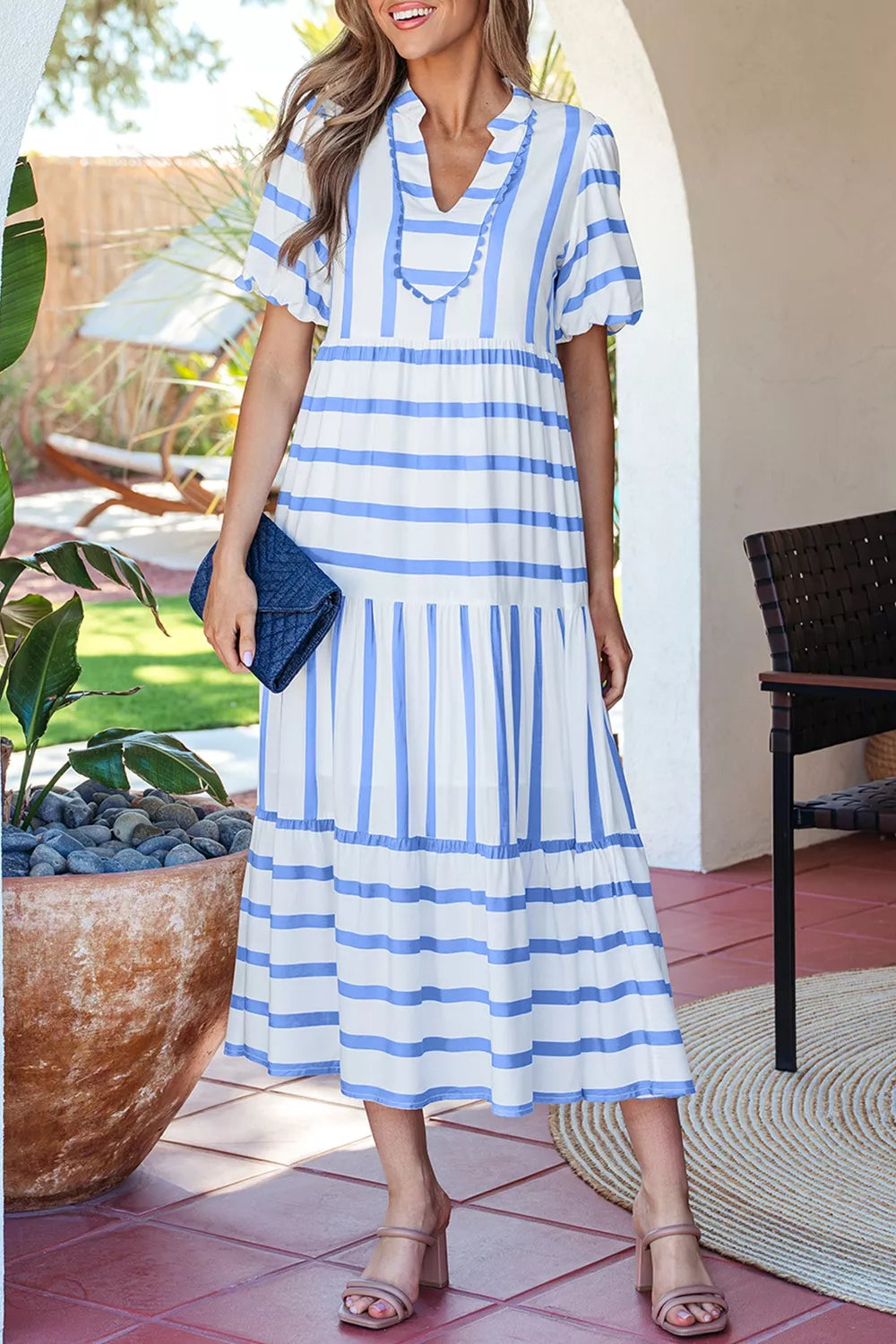 Stripe Ricrac Trim Notched Neck Half Sleeve Vacation Dress Secondary image