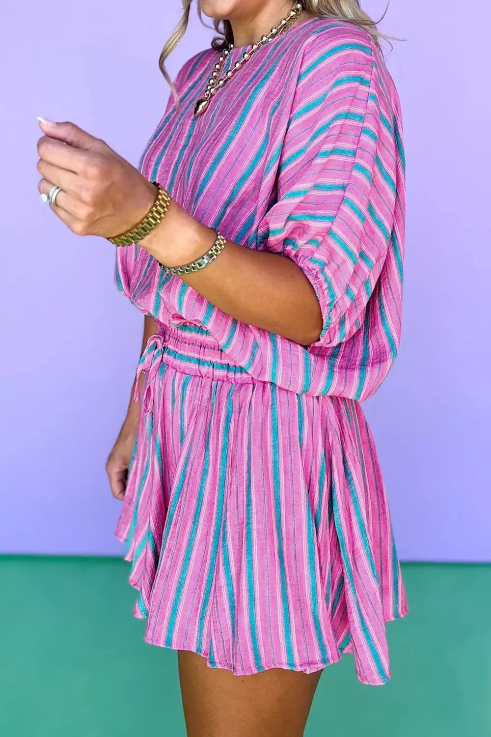 Stripe Dolman Short Sleeve Blouse Drawstring Elastic Waist Loose Short Set Secondary image