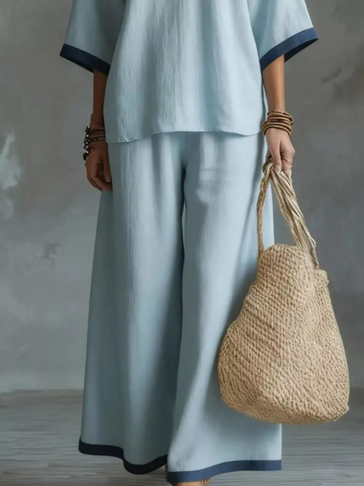 Full Size Contrast Trim V-Neck Top and Pants Set Plus Size - photo 9