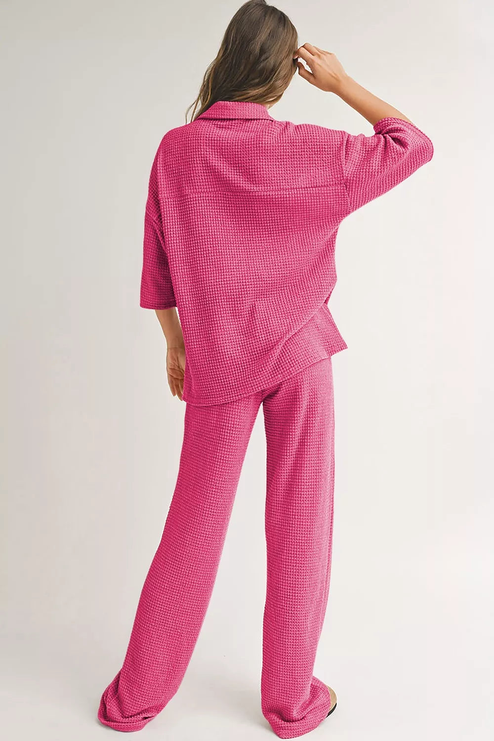 Solid Color Textured Buttoned Shirt and Casual Pants Set Secondary image