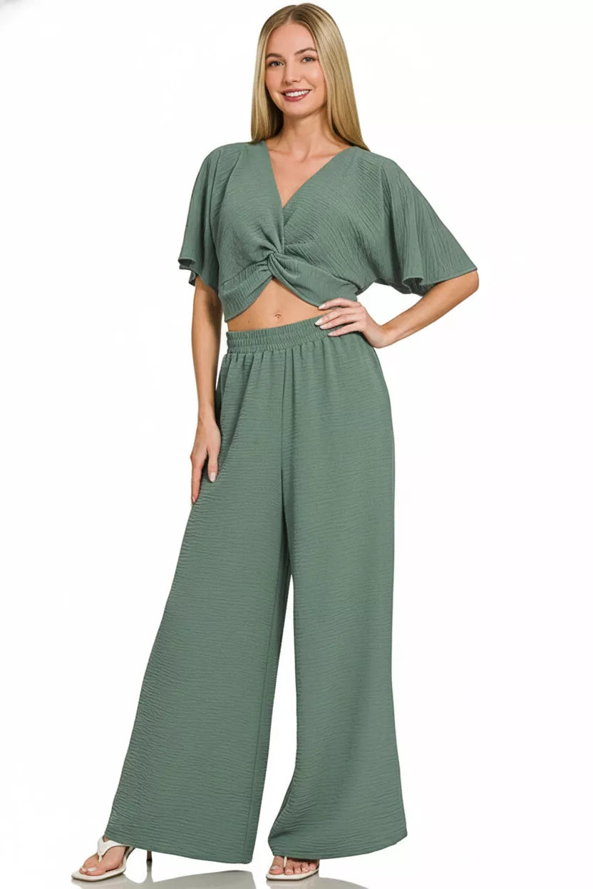 Zenana Woven Airflow Twisted Top & Wide Leg Pants Set Secondary image
