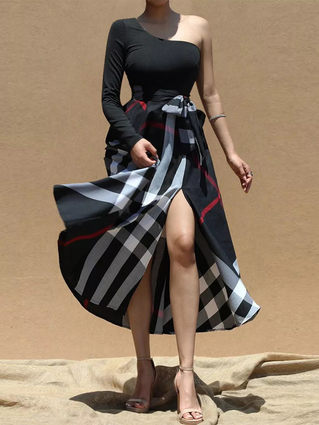 Asymmetrical One-Sleeve Plaid Midi Dress with Waist Tie Secondary image
