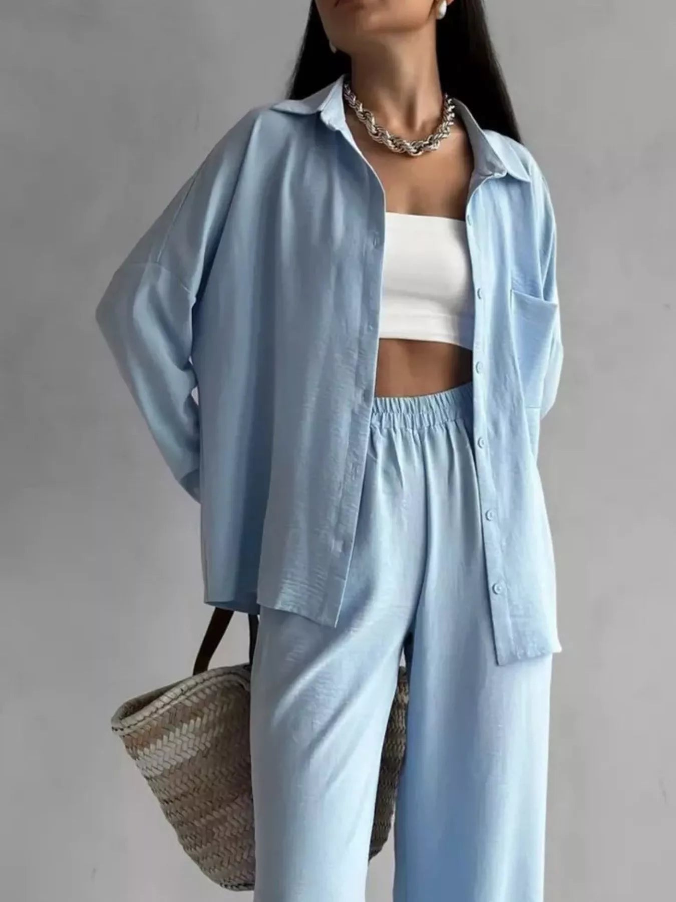 Relaxed Fit Shirt and Wide Leg Pants Set Secondary image