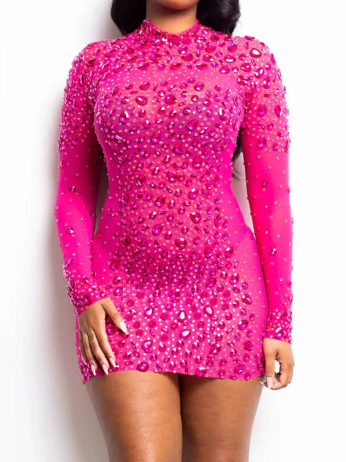 Rhinestone Embellished Long Sleeve Bodycon Mini Dress - photo 1