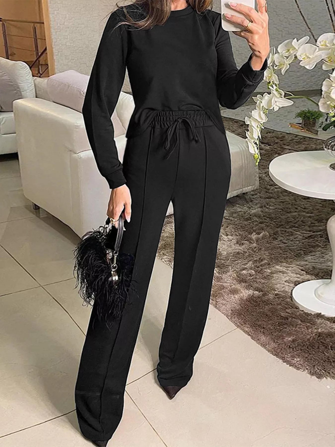 Solid Color Long Sleeve Top & Wide Leg Pants Set Secondary image