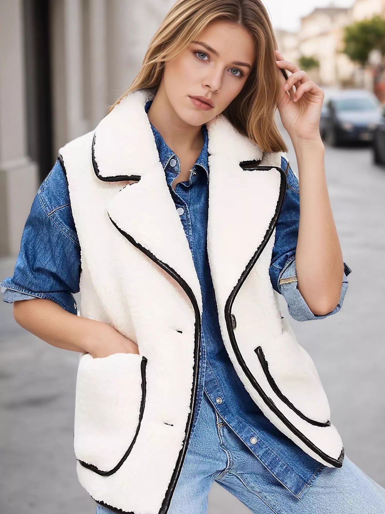 Sherpa Fleece Vest Coat with Contrast Trim Secondary image