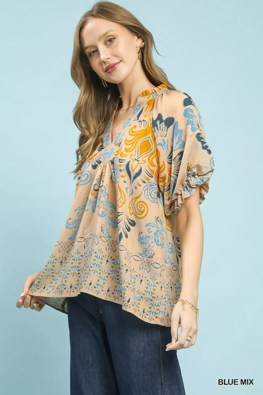 Umgee Border Print Puff Sleeve V-Neck Blouse Secondary image