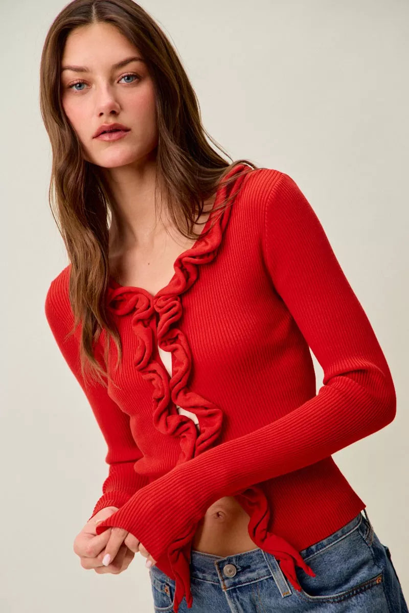 SO ME Cascade Ruffle Ribbed Sweater Cardgian Secondary image