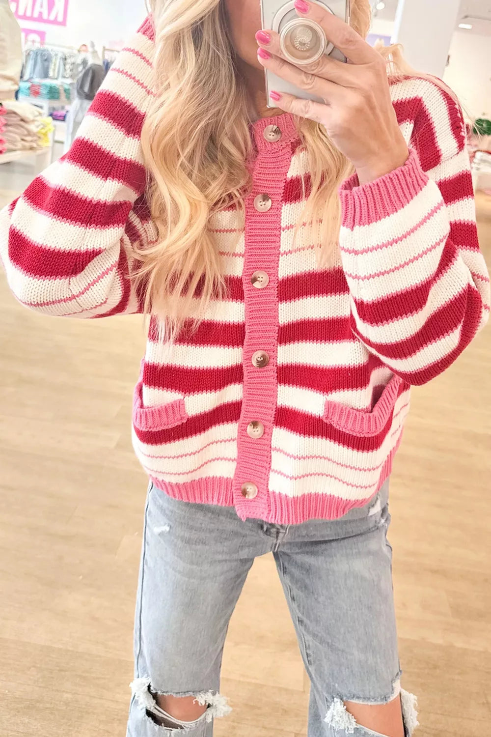 Stripe V Neck Long Sleeve Regular Fit Cardigan Secondary image