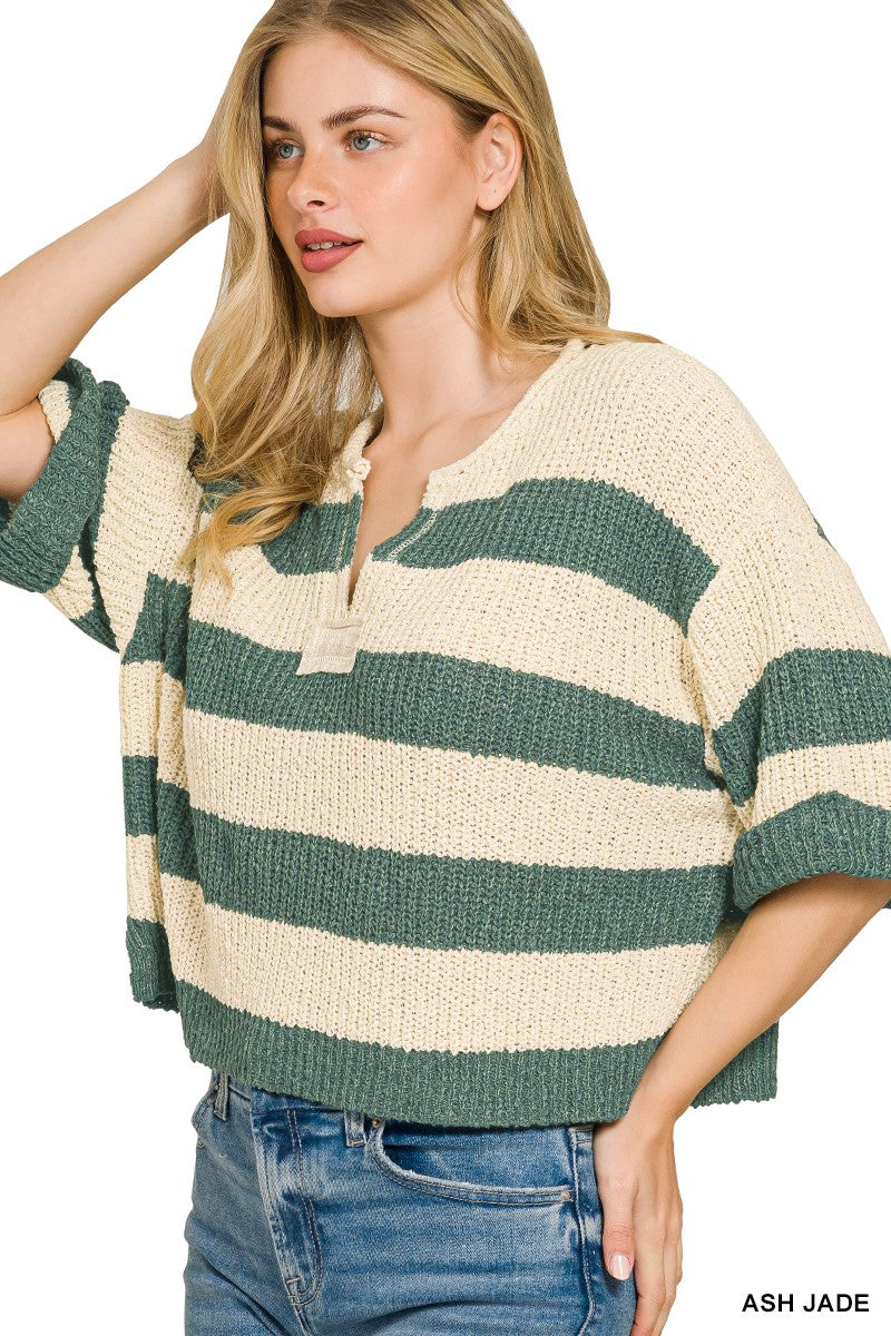 Zenana Split Neck Stripe Sweater Secondary image