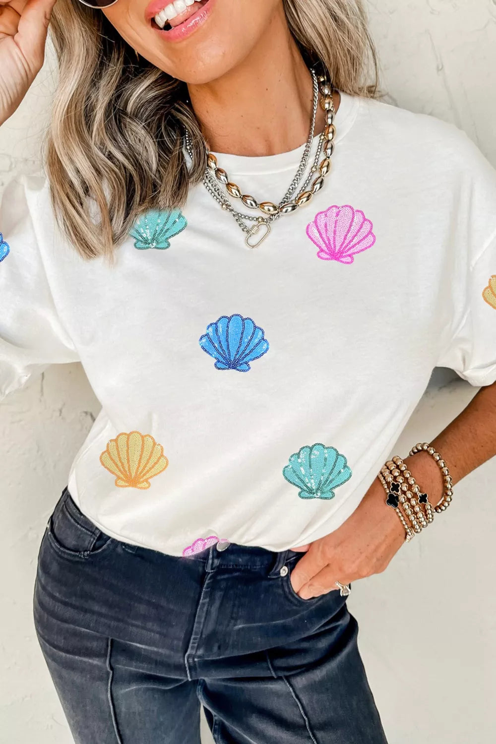 Sequin Shell Graphic Summer Loose T Shirt Secondary image