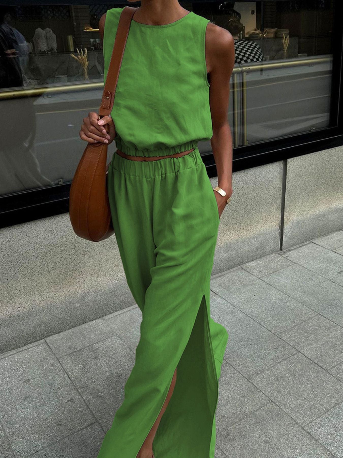 Sleeveless Crop Top and Slit Pants Set Secondary image