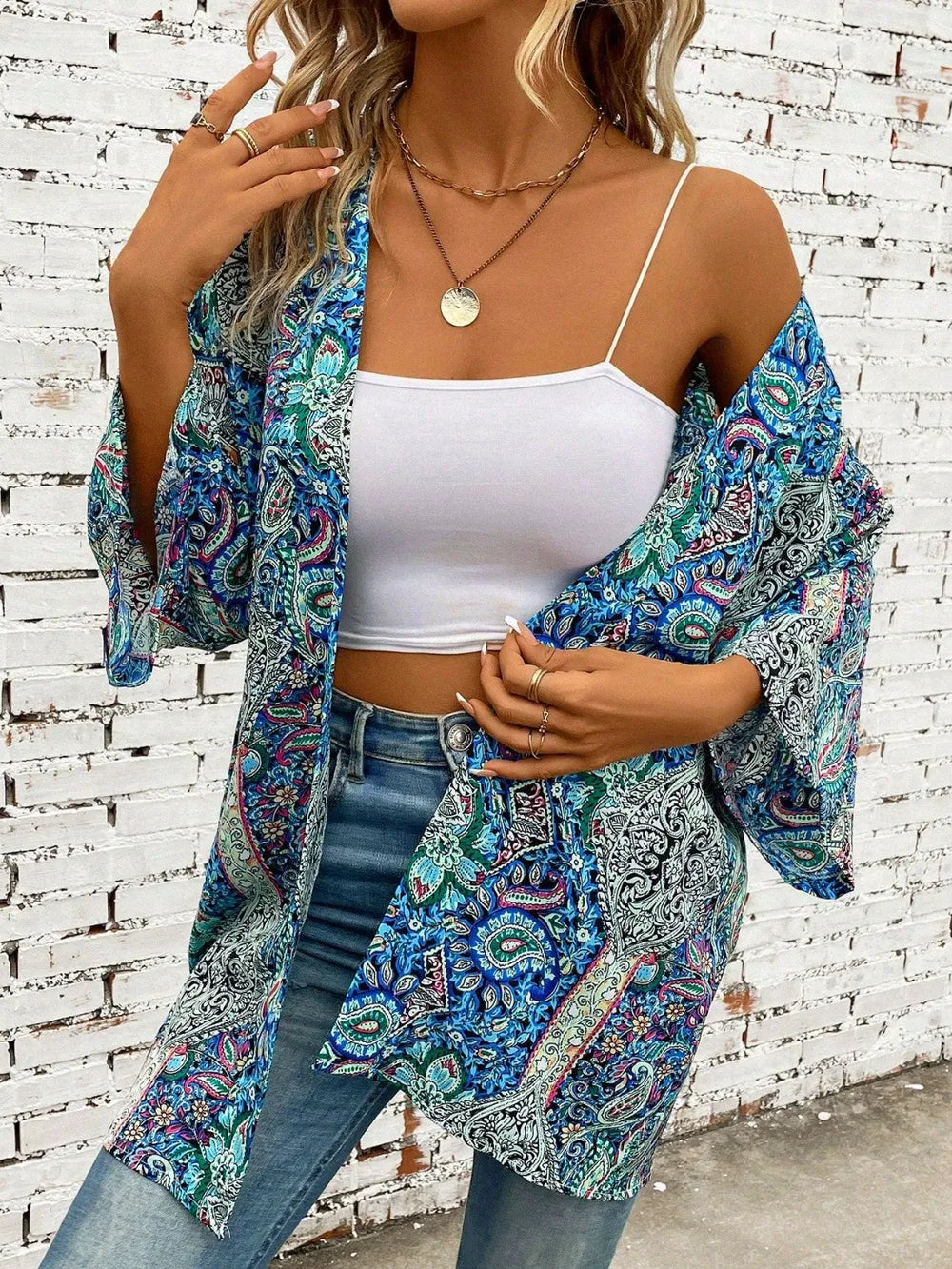 Printed Open Front Three-Quarter Sleeve Cover Up Secondary image