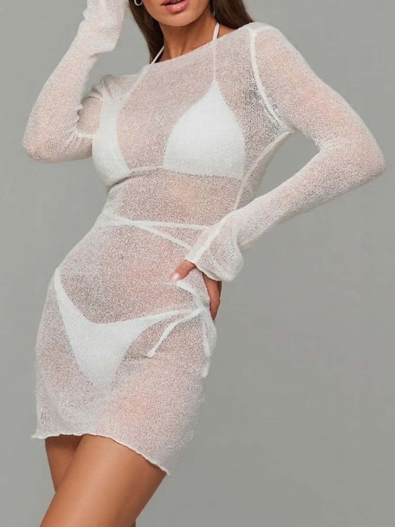 Sheer Backless Long Sleeve Mini Cover-Up Dress Secondary image