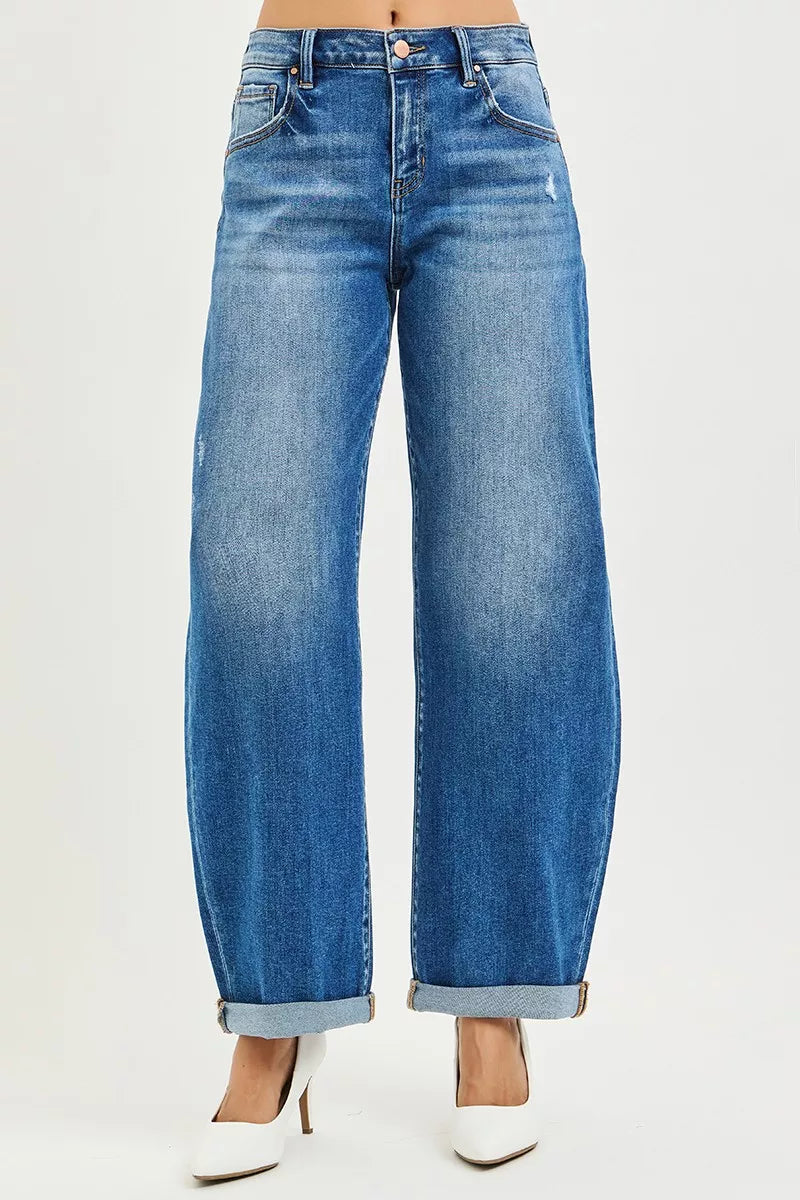 RISEN Full Size Mid Rise Barrel Double Roll Up Jeans Plus Size Secondary image