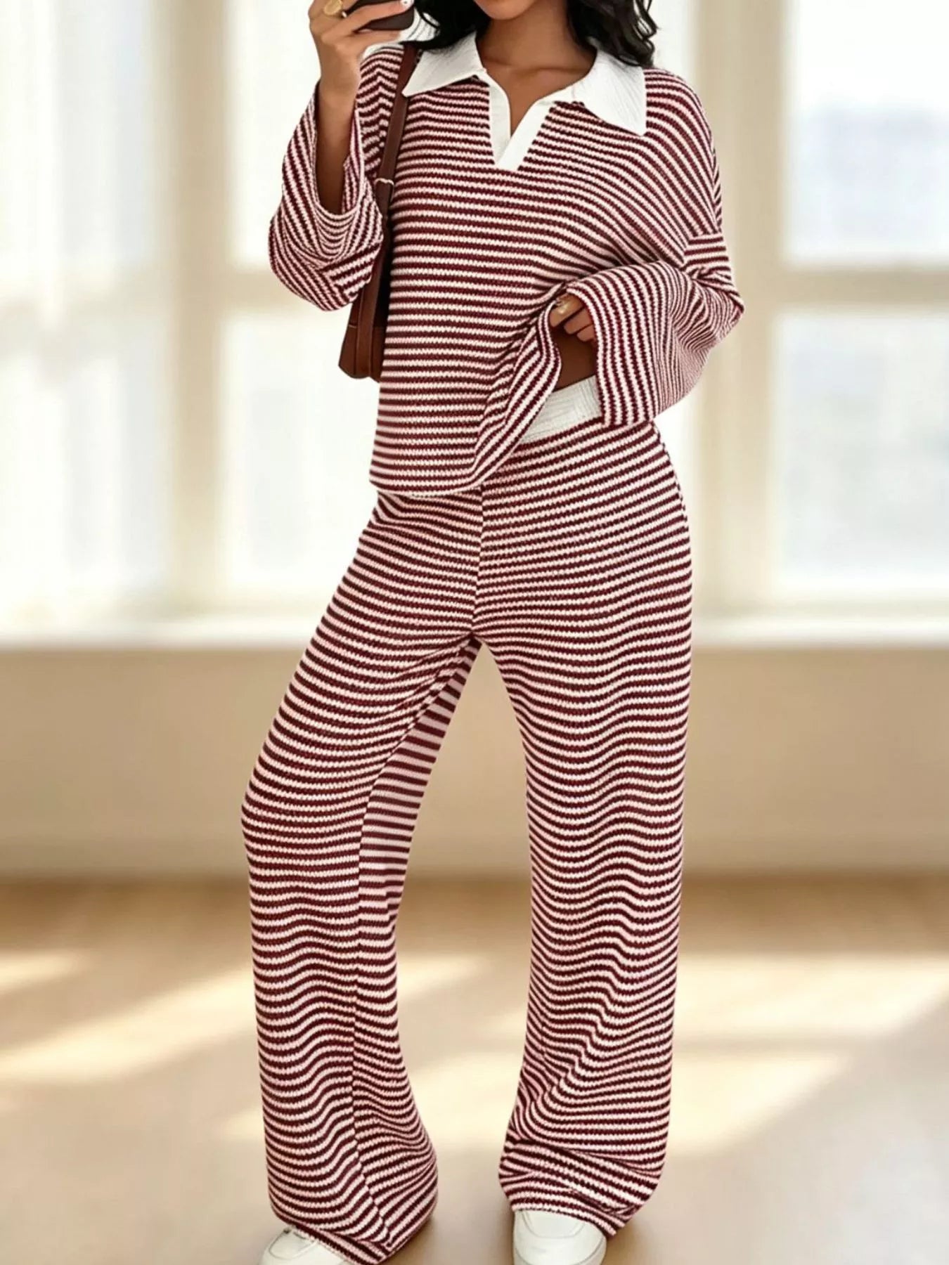 Striped Long Sleeve Polo and Wide-Leg Pants Set Secondary image