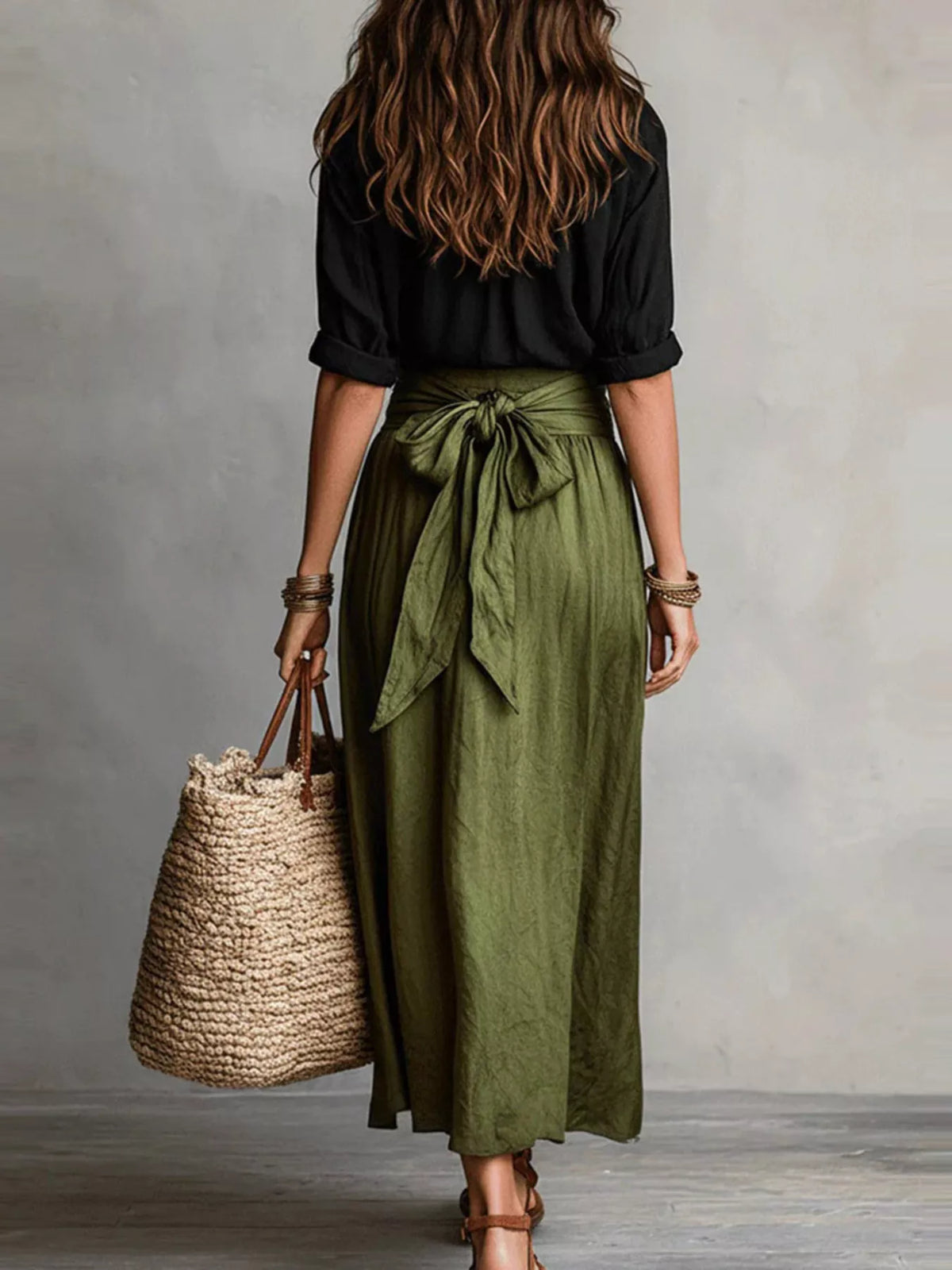 Button-Down Shirt and High-Waisted Tie-Front Maxi Skirt Set - photo 3