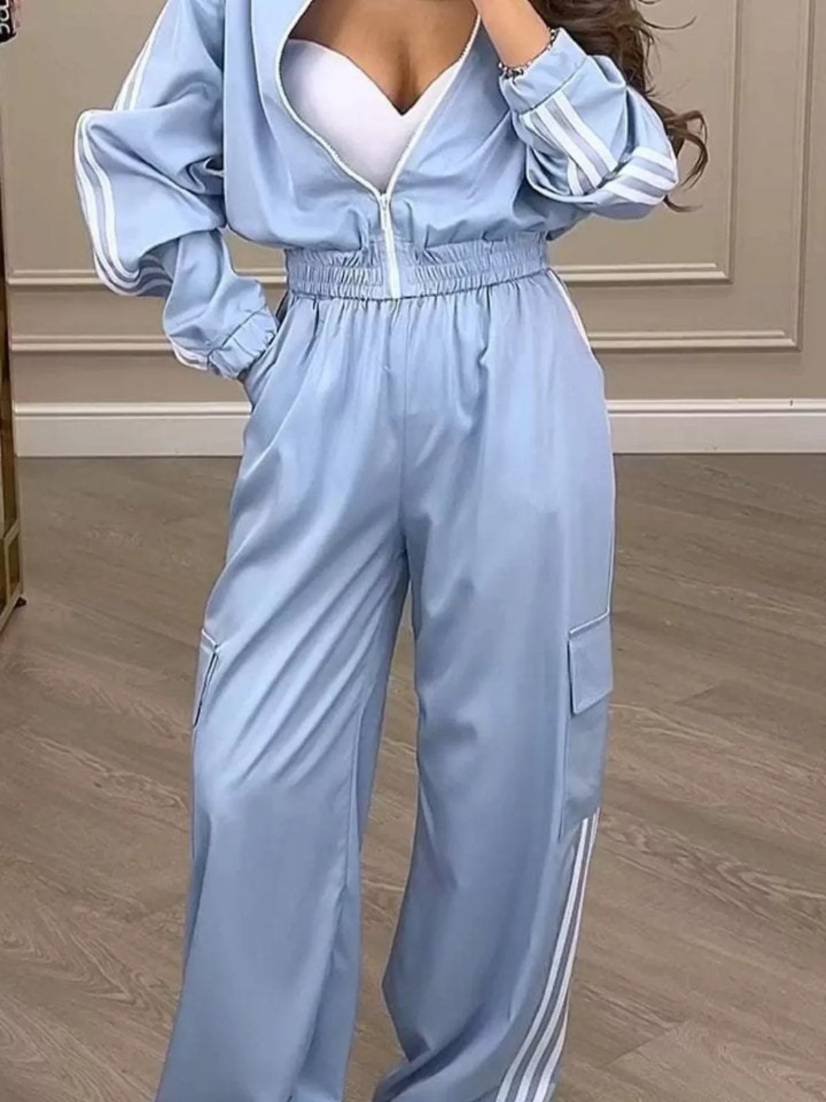 Full Size Side Striped Zip Up Outerwear and Pants Set Plus Size - photo 9