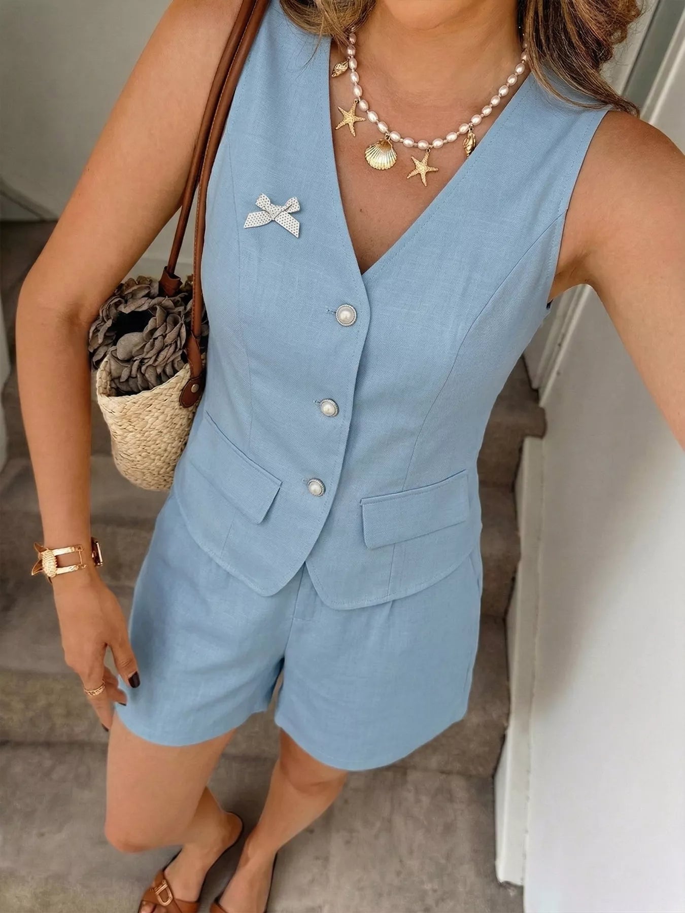 Button Up Vest & Shorts Two-Piece Set Secondary image