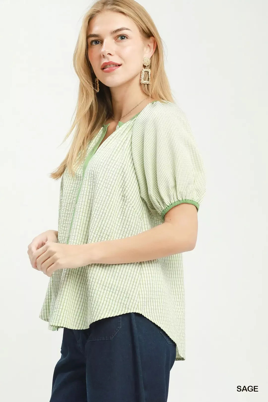 Umgee Checker Puff Sleeve Button Front Blouse Secondary image