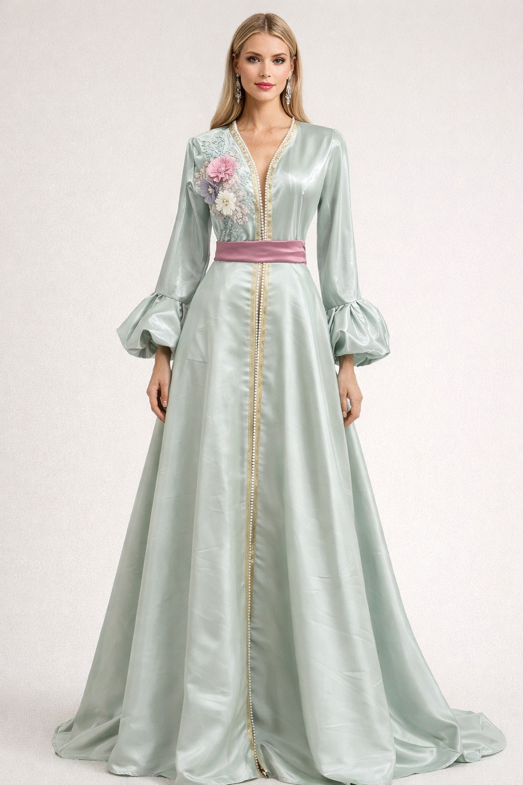 Mint Satin Embroidered Maxi Dress with Balloon Sleeves