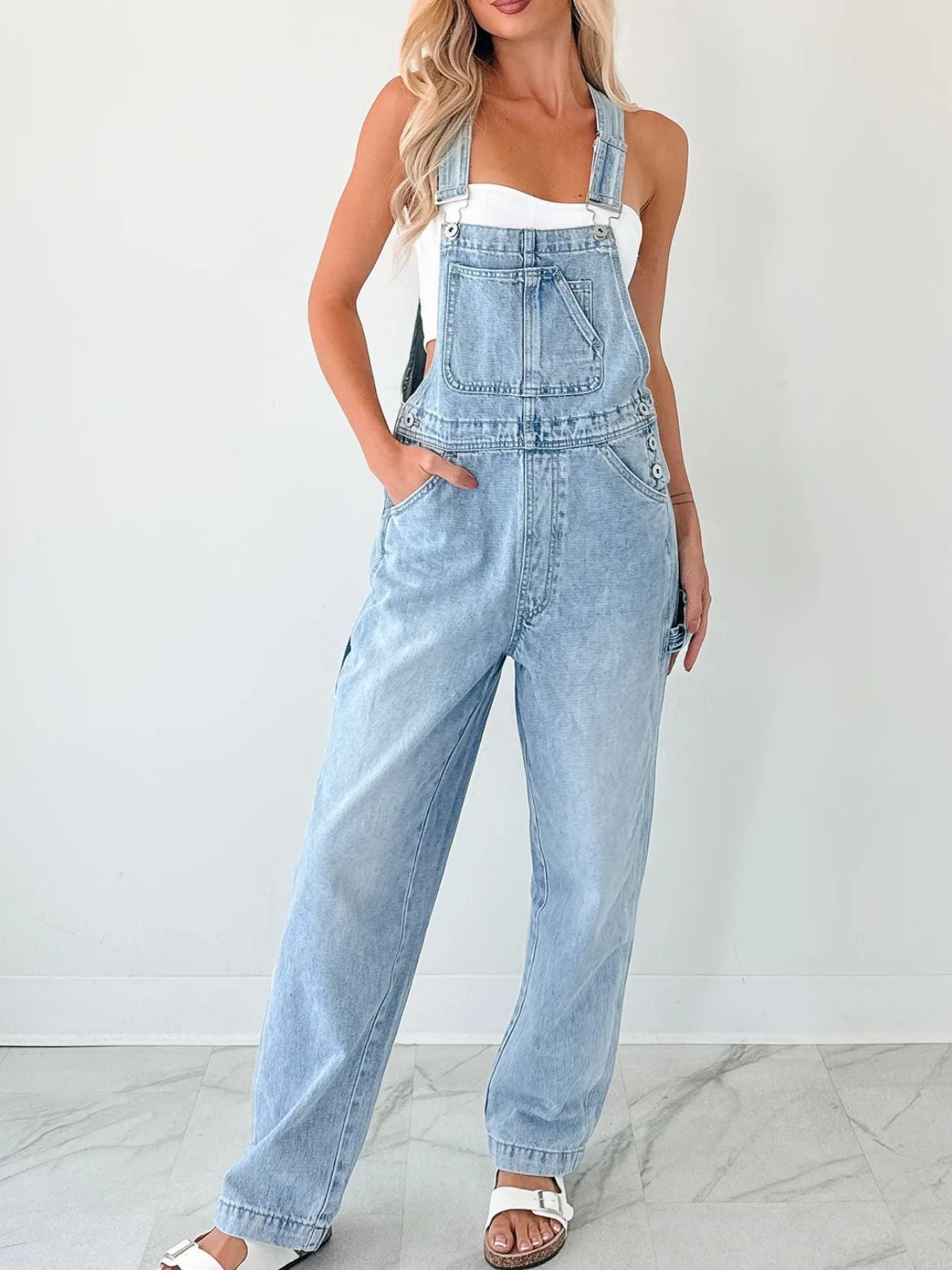 Wide Strap Relaxed Fit Denim Overalls Secondary image