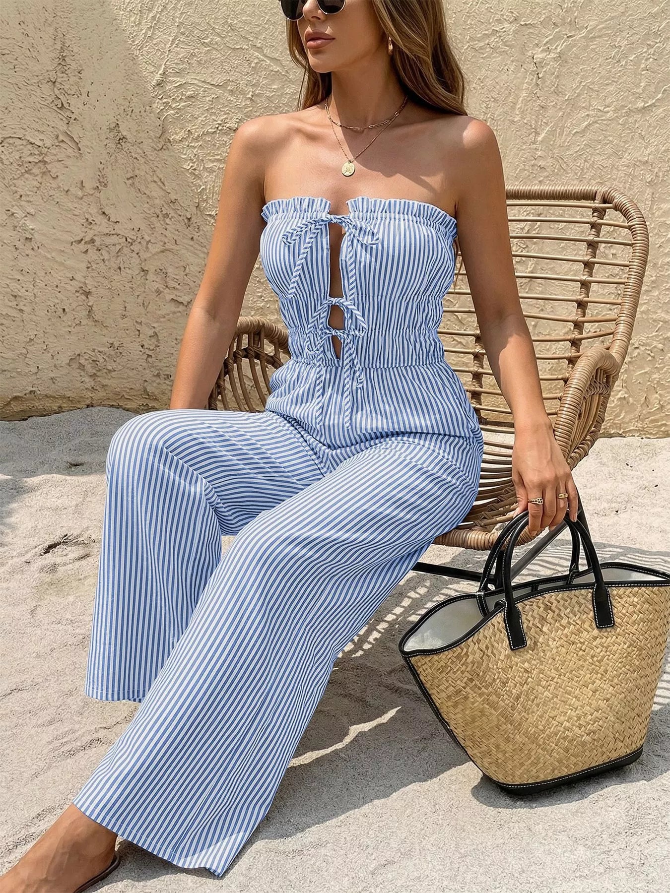 Striped Strapless Tie Front Wide Leg Jumpsuit Secondary image