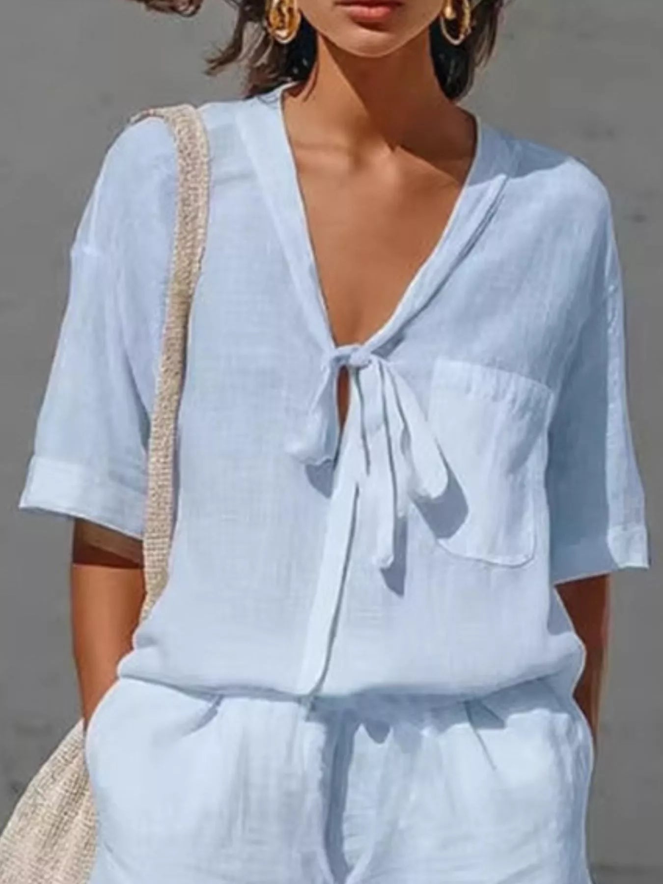 Tie-Front Half Sleeve Shirt and Shorts Set Secondary image