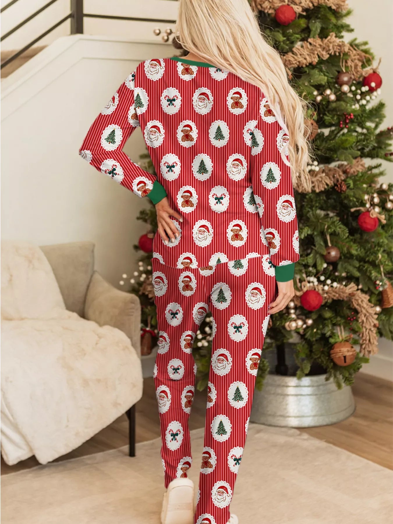 Stripe Christmas Print Henley V Neck Pullover and Pants Lounge Set Secondary image