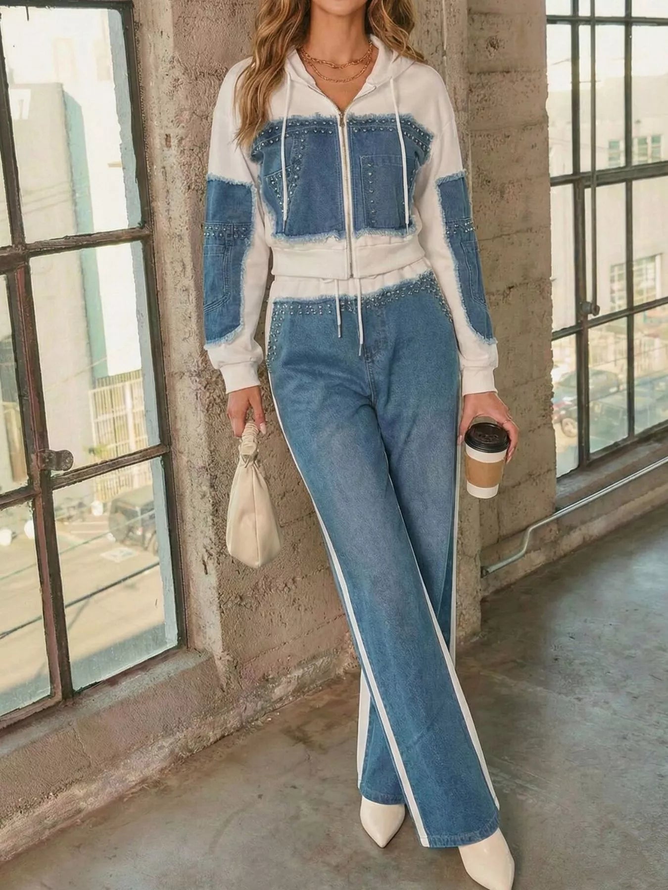 Full Size Studded Denim Patchwork Hoodie and Joggers Set Plus Size Secondary image