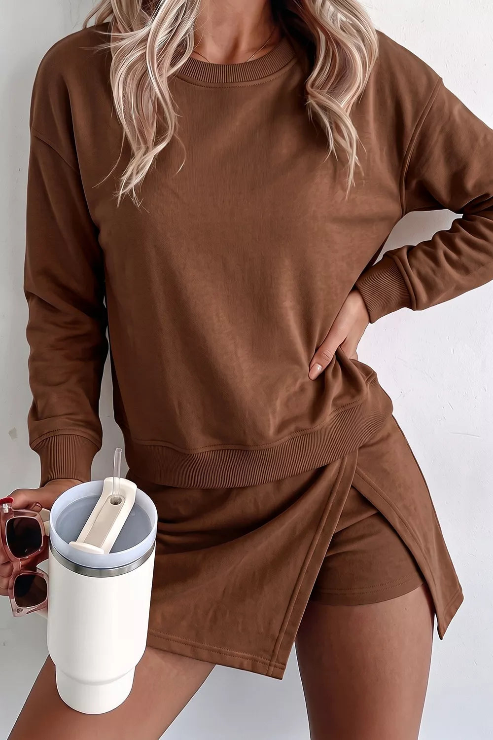 Solid Color Long Sleeve Top Split Skort 2pcs Outfit Secondary image