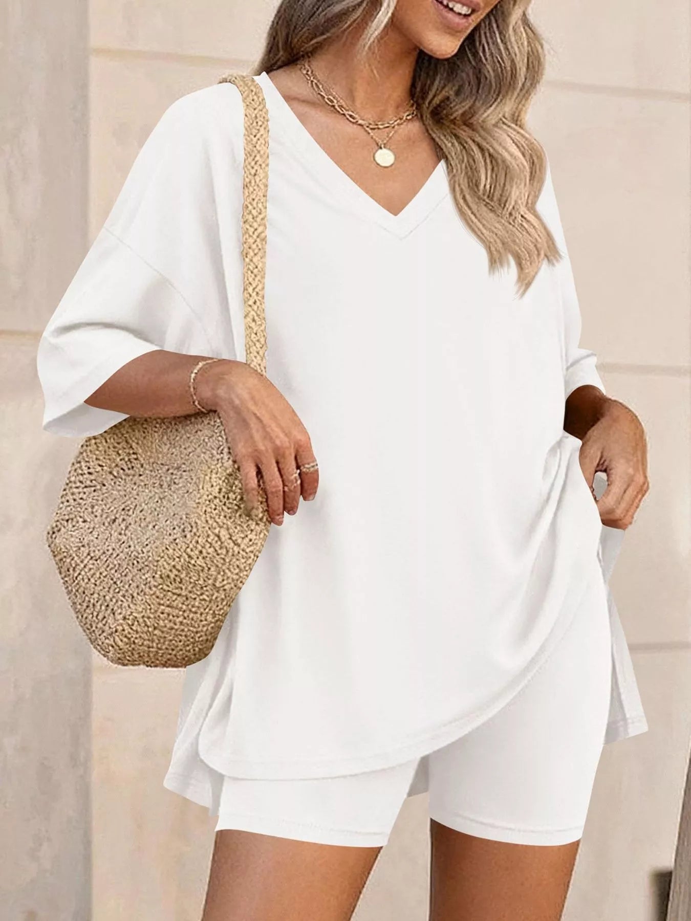 Full Size Casual Loose V-Neck T-Shirt & Shorts Set Plus Size Secondary image