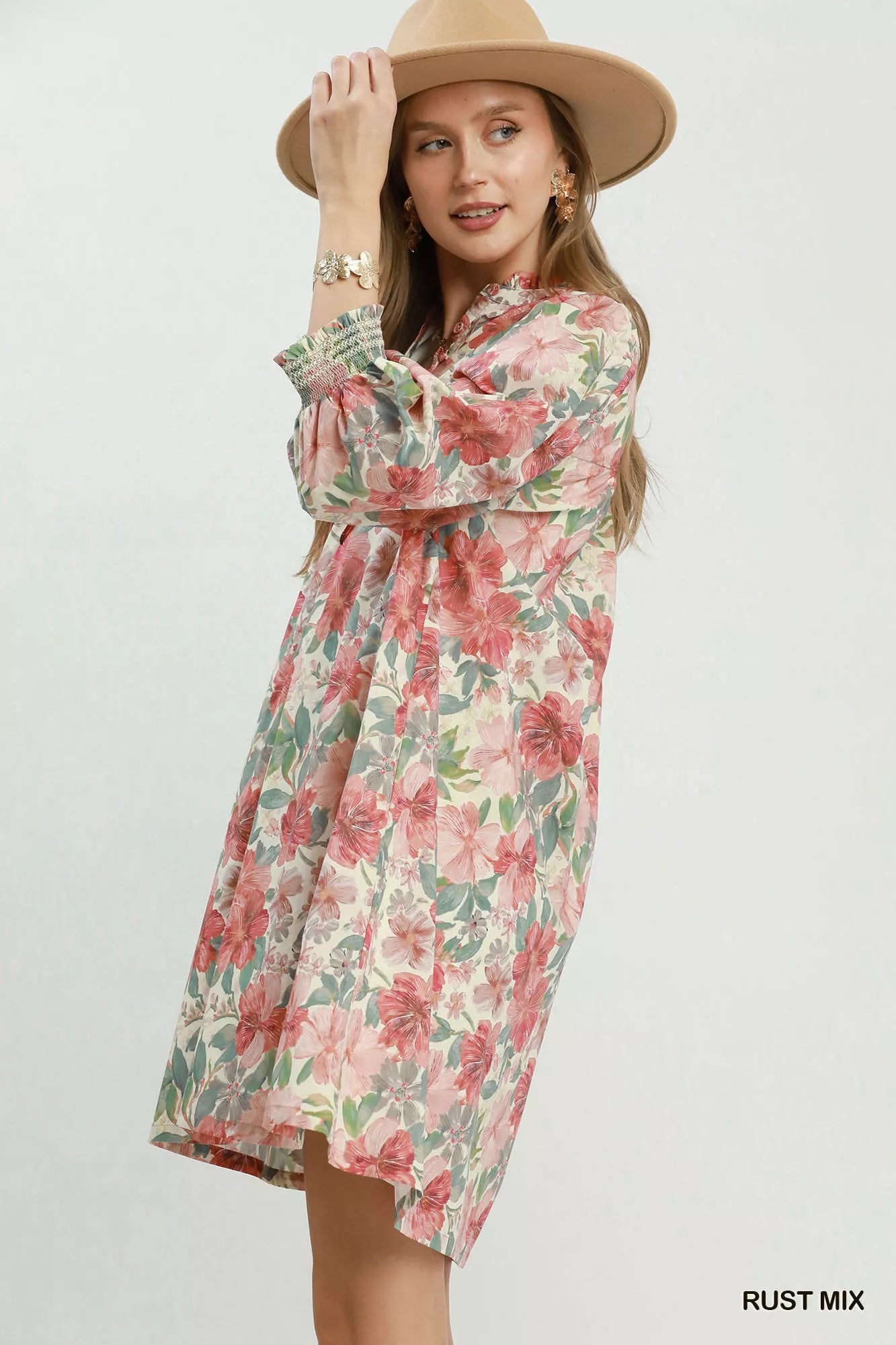 Umgee Mix Floral Print Smocked Cuff Mini Dress Secondary image