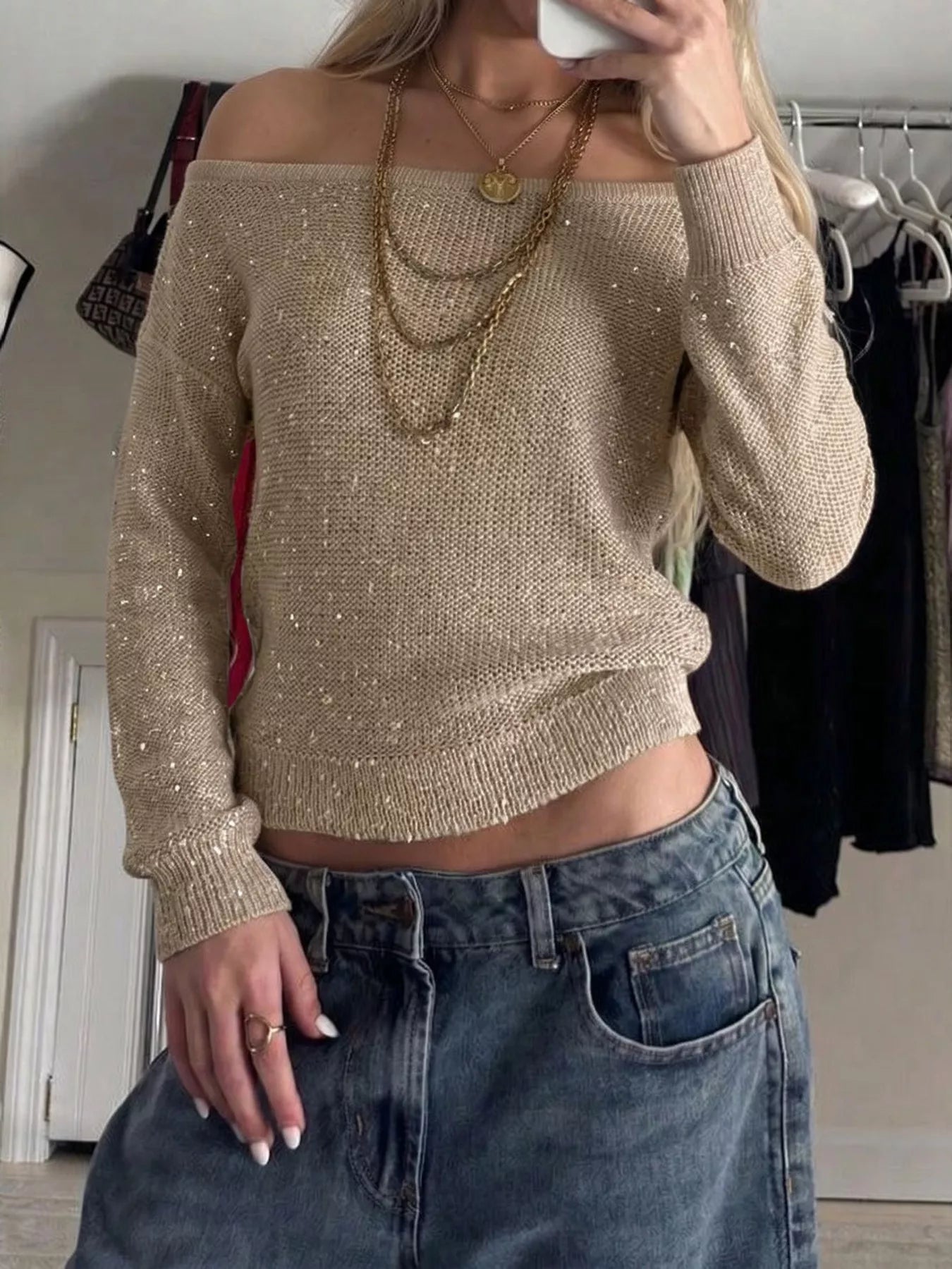 Sequin Off-Shoulder Sweater Secondary image