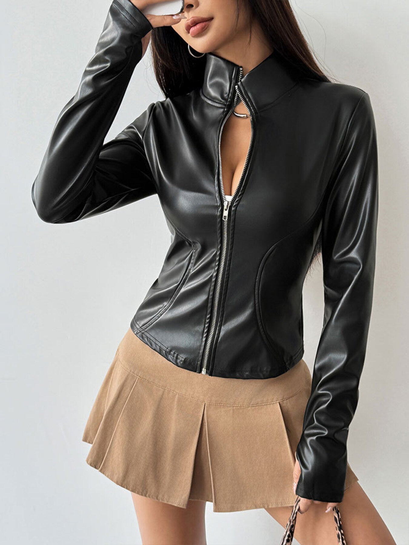 Zip Up Long Sleeve Leather Jacket Secondary image