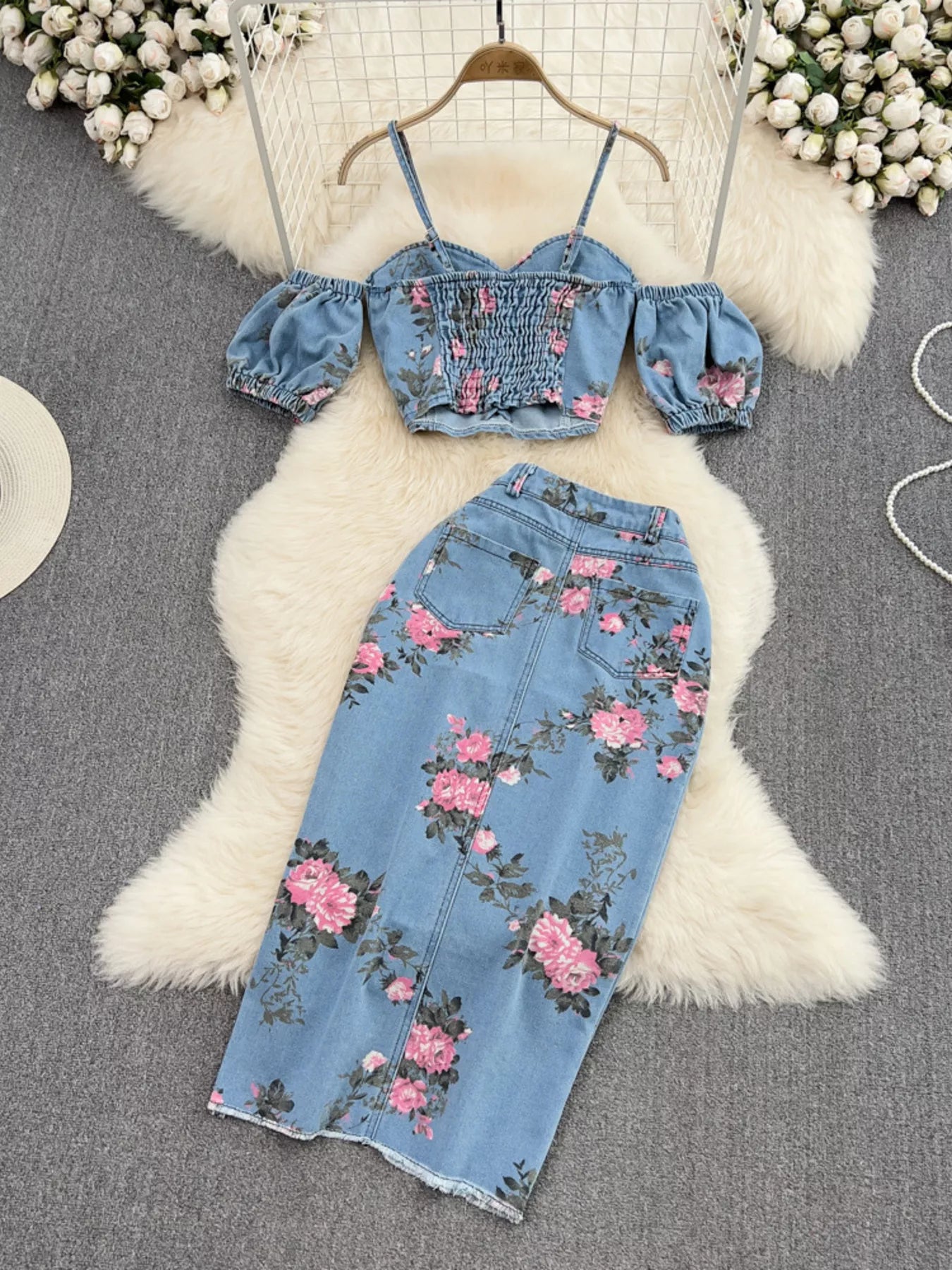 Floral Print Sweetheart Neck Cami and Skirt Denim Set Secondary image