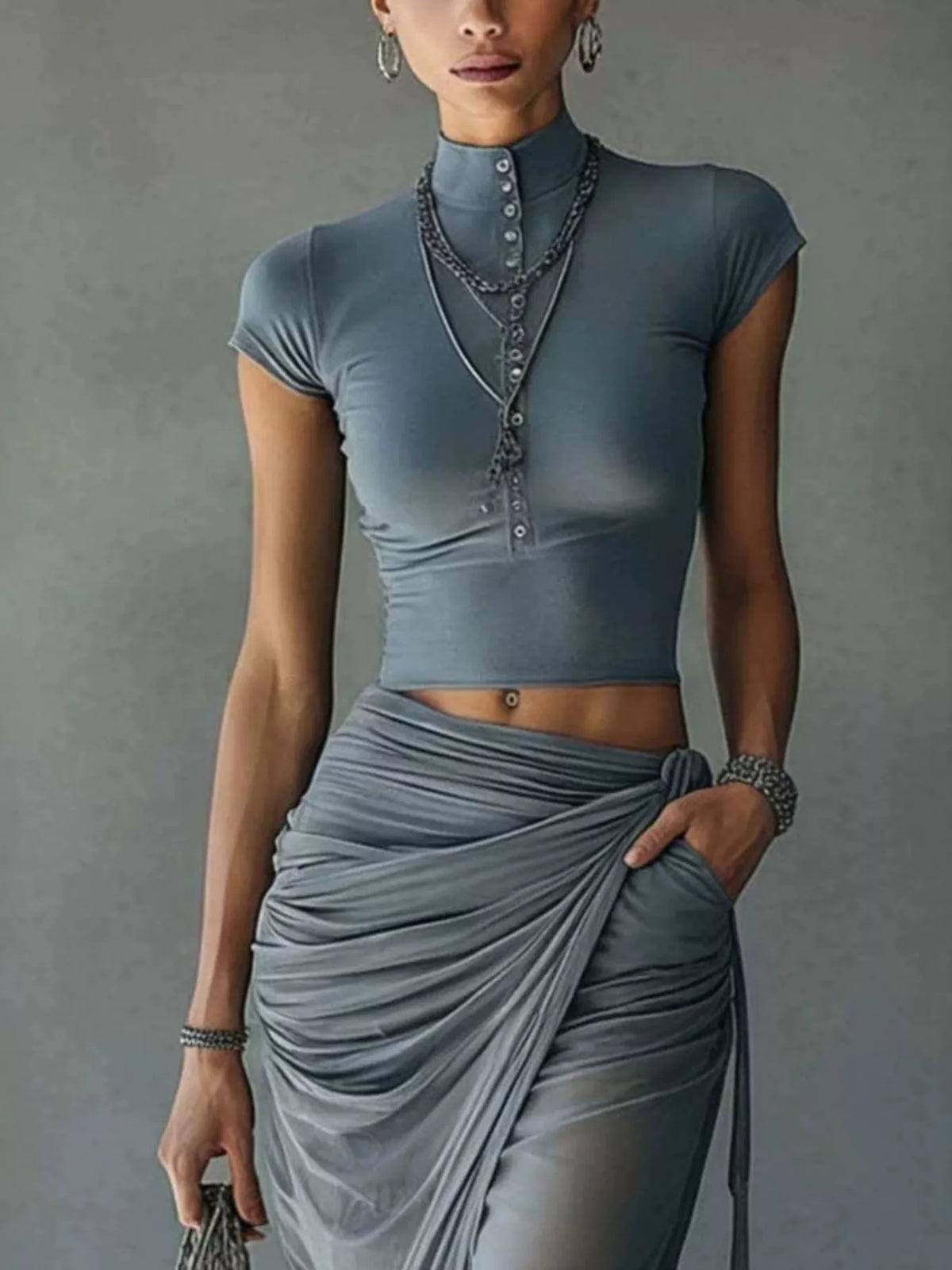 Mock Neck Crop Top and Ruched Maxi Skirt Set - photo 3