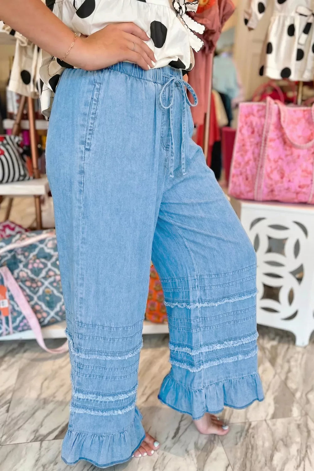 Ruffled Hem Wide Leg Chambray Jeans Secondary image